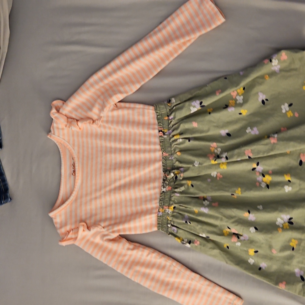 Cat & Jack Pink Striped Top with Green Floral Skirt Dress